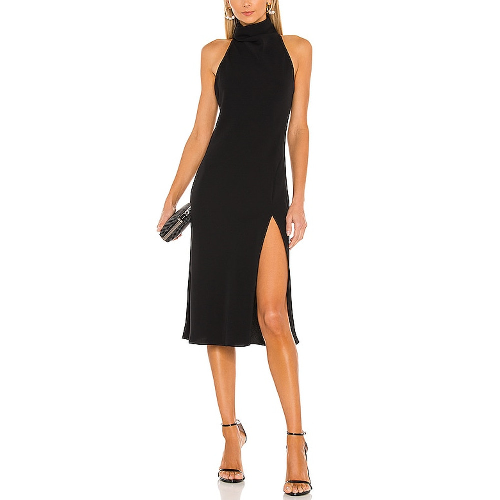 Amanda Uprichard Black High-Neck Halter Midi Dress with Side Slit